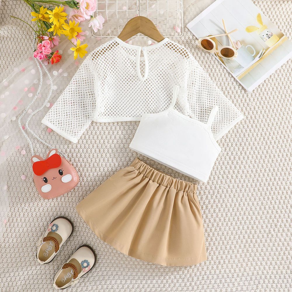summer new girls' mesh long-sleeve top + cropped tank top + pleated skirt three-piece set - in stock