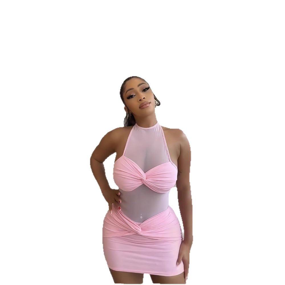 European and american cross-border women's fashion:  early autumn new arrival - solid color sleeveless halter neck bodycon sexy mini dress