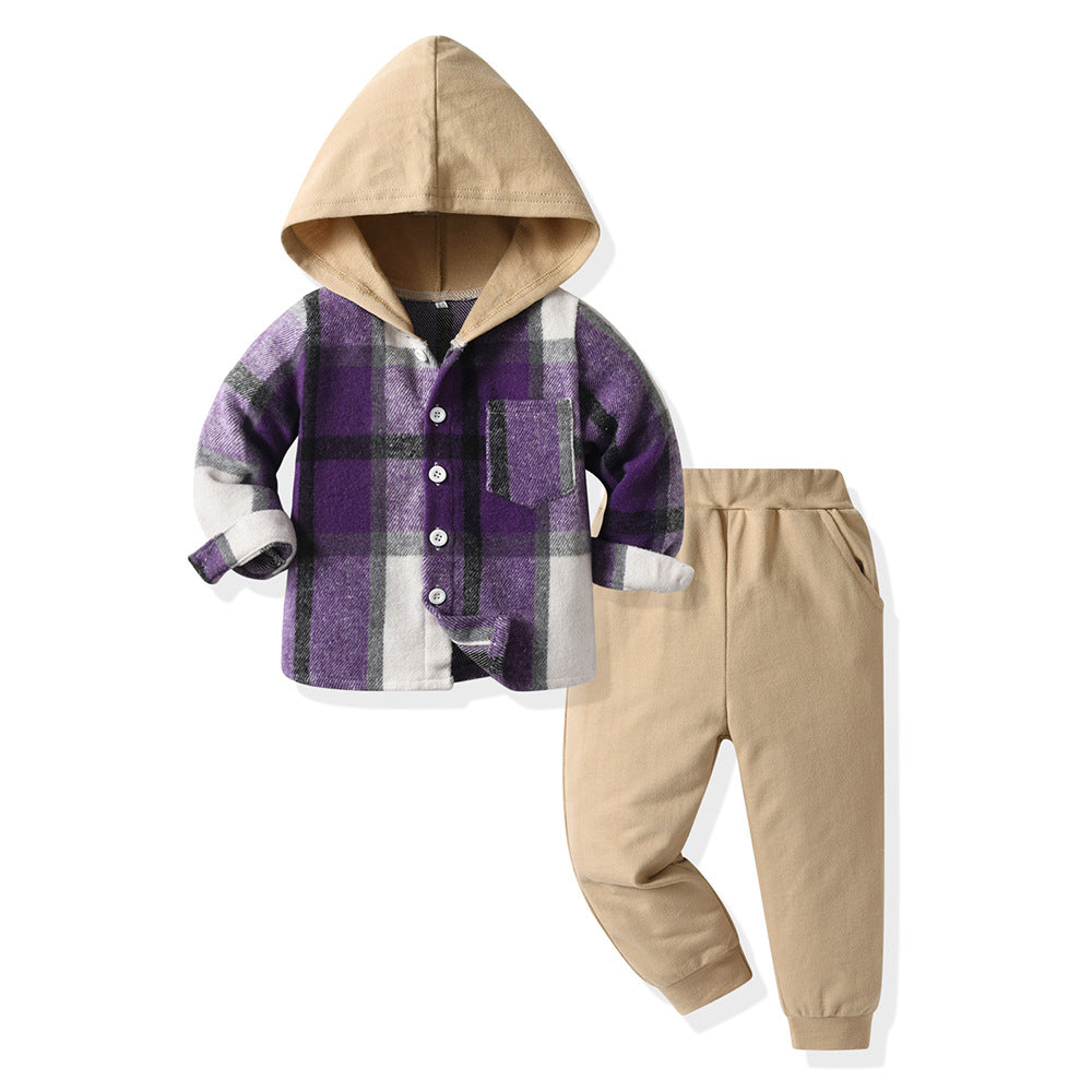 New arrival cross-border children's plaidshirtlong sleeves hoodie cotton boys spring suit boys spring children's clothing