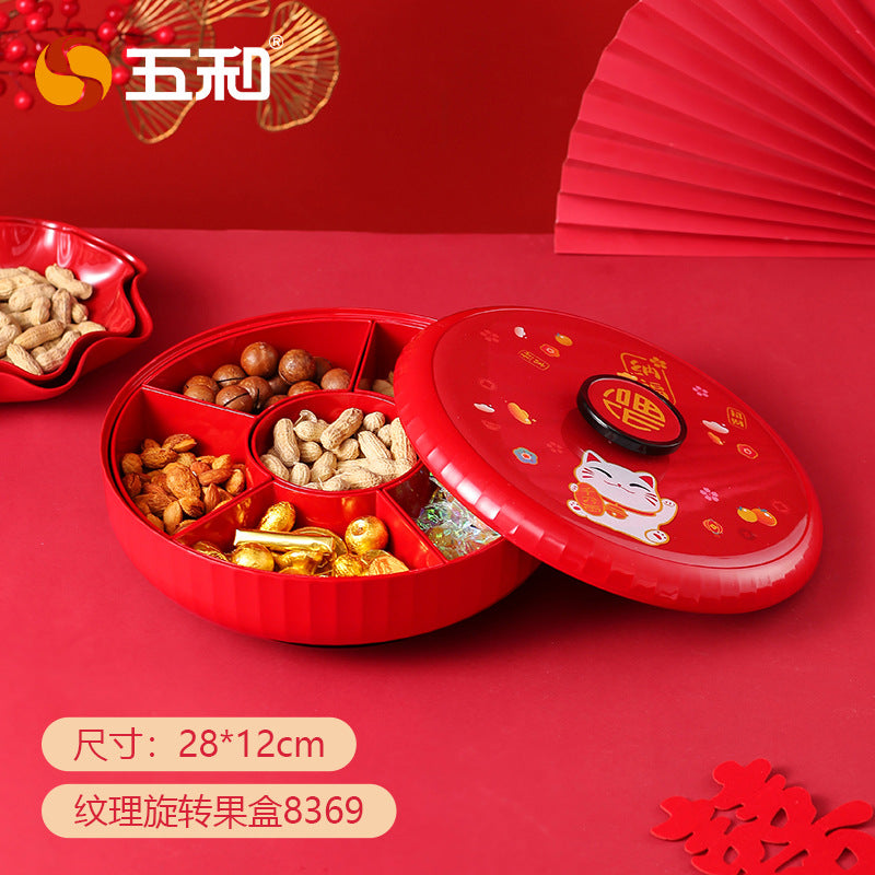 Chinese-style red rotating dried fruit box, household high-end housewarming, Chinese New Year grid fruit plate, living room snacks, melon seeds display plate