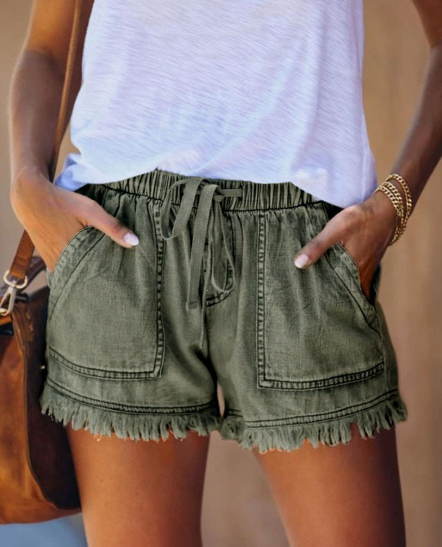 summer  new arrival  european and american foreign trade elastic waist drawstring casual high-waisted slimming denim shorts for women