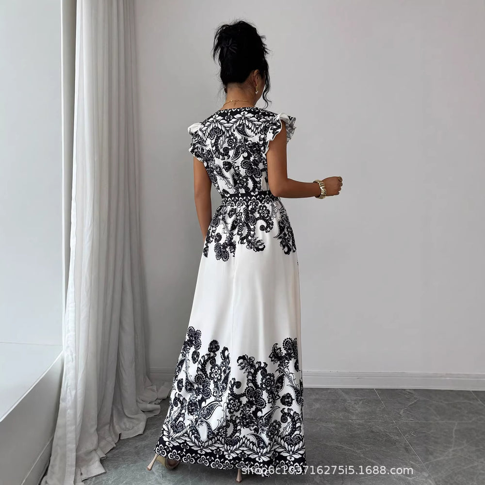 European and american cross-border  summer new arrival: vintage-inspired elegant printed flutter sleeve maxi dress