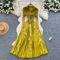 Miya european and american high-end western style suit collar long sleeves double-breasted waist patchworkruffles pleated longdress