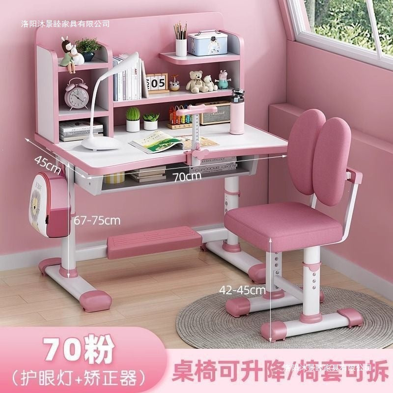 Student home desk set - kids' study table with bookshelf, adjustable height, storage, and chair combination
