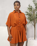 European and american cross-border women's fashion:  autumn/winter new collection - solid color short-sleeve shirt collar, cinched waist, drawstring, elegant dress