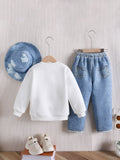 European and american style cross-border children's clothing: textured crewneck top + faux denim pants + hat 3-piece set for boys