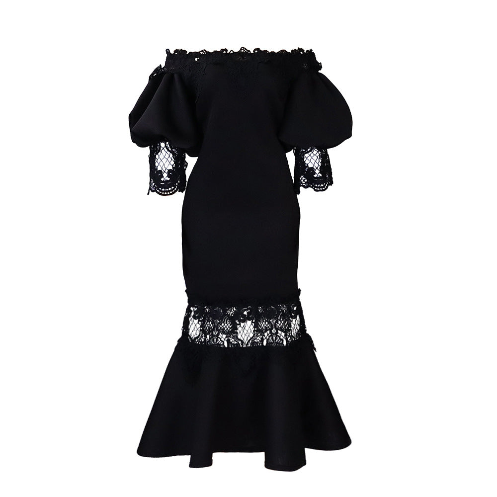 D3223 cross-border e-commerce  summer new arrival off-the-shoulder lace trim elegant mermaid dress evening gown european and american style dress