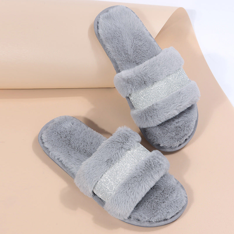 Export one-word fur slippers for girls 2024new arrivalfall and winterfashionflats slippers outwear open toe plus size cotton slippers trendy