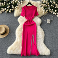 Elegant and chic sequin-embellished midi knit dress for women - summer collection: sexy, slim-fit, round neck, short sleeves, and a flattering slit