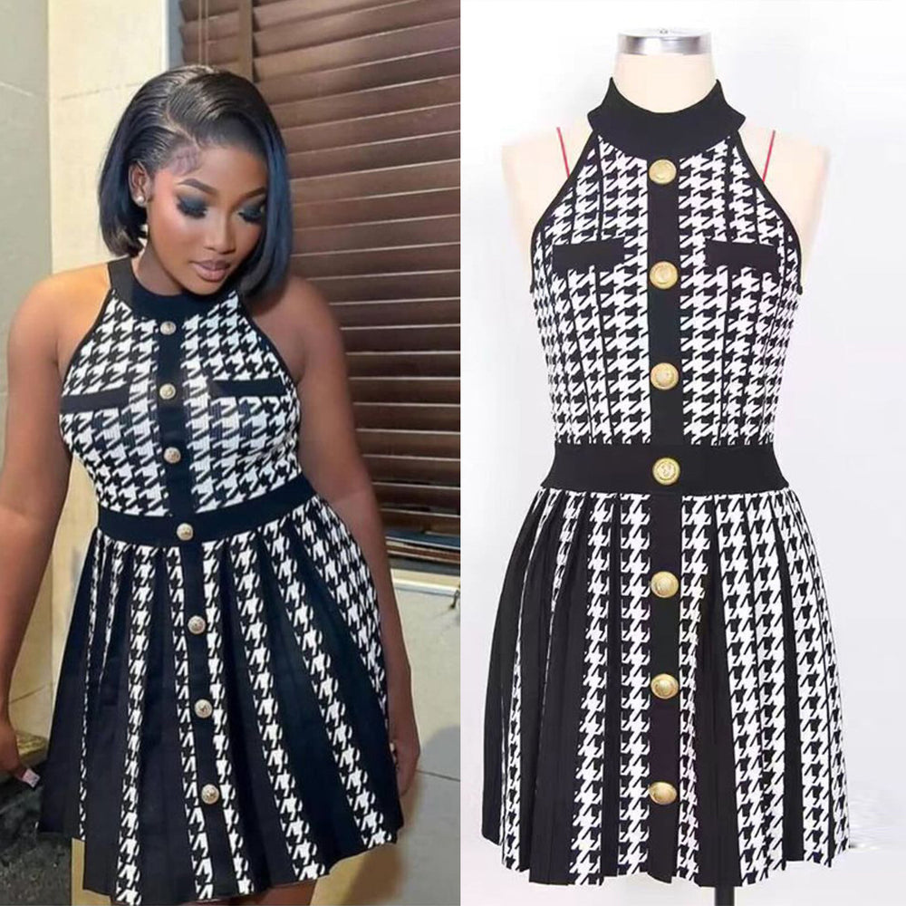 summer american retro halter neck off-shoulder slimming a-line knit mini dress for petite figures