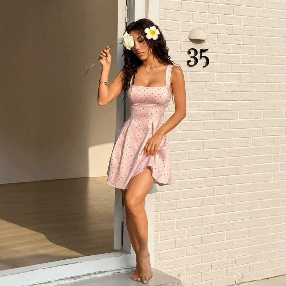 European and american cross-border   summer new fashion dress - elegant solid color spaghetti strap square neck mini dress for women