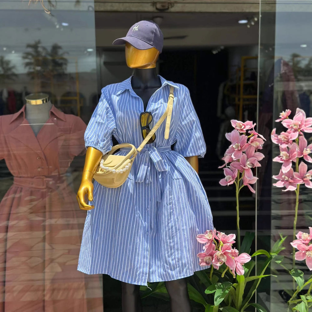 European and american cross-border women's fashion:  summer new arrival - elegant and stylish striped blue shirt dress with lapel and tie