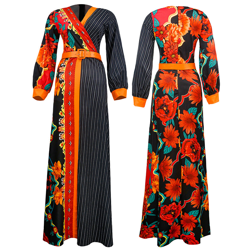 Amazon  printingv neckdress cross-border export african plus sizelong sleeves chiffon skirt with belt