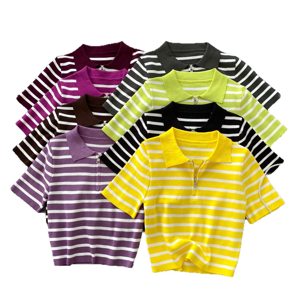 Women's short-sleeve knit top -  summer korean style, trendy color block striped tee, versatile top