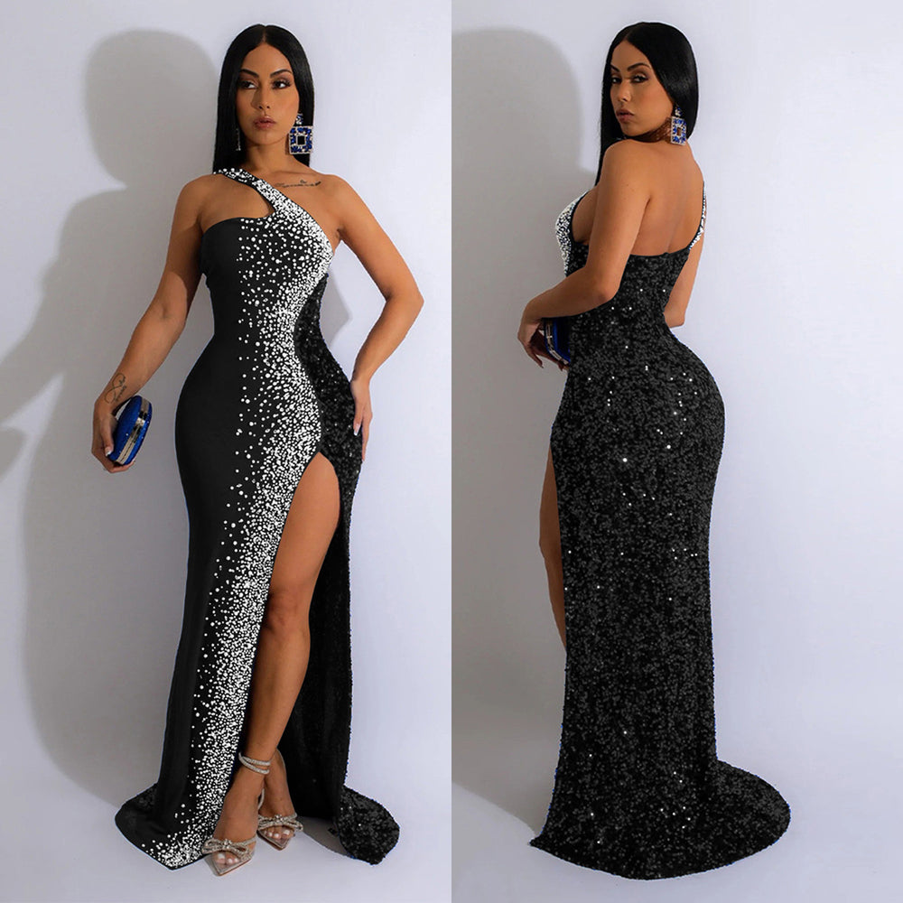 C6365 cross-border   fashion women's solid color rhinestone sequin sleeveless maxi dress