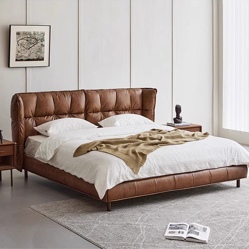 Used style oil wax genuine leather muscle bed modern retro designer model master bedroom 1.8m pull point leather double bed