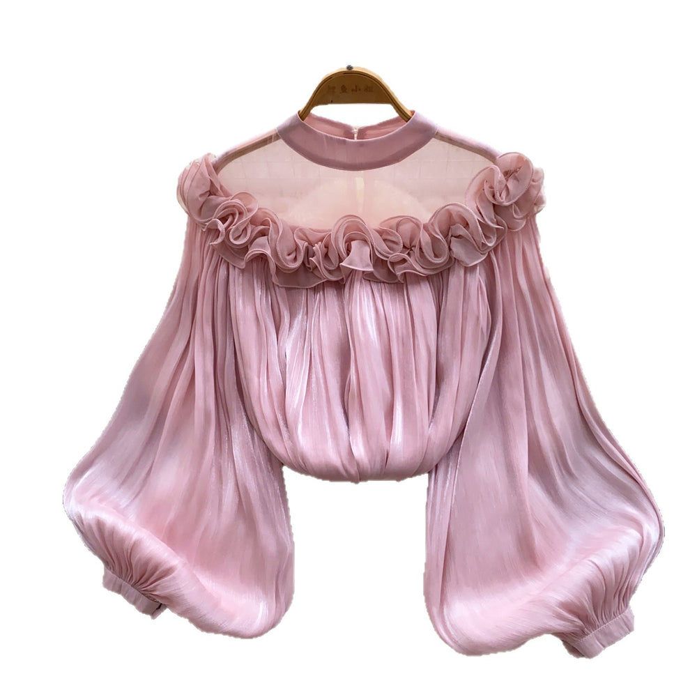 Korean style commute-friendly, skin-friendly, breathable ruffle hem blouse - women's summer long sleeve mesh oversized pink girly top