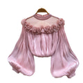 Korean style commute-friendly, skin-friendly, breathable ruffle hem blouse - women's summer long sleeve mesh oversized pink girly top