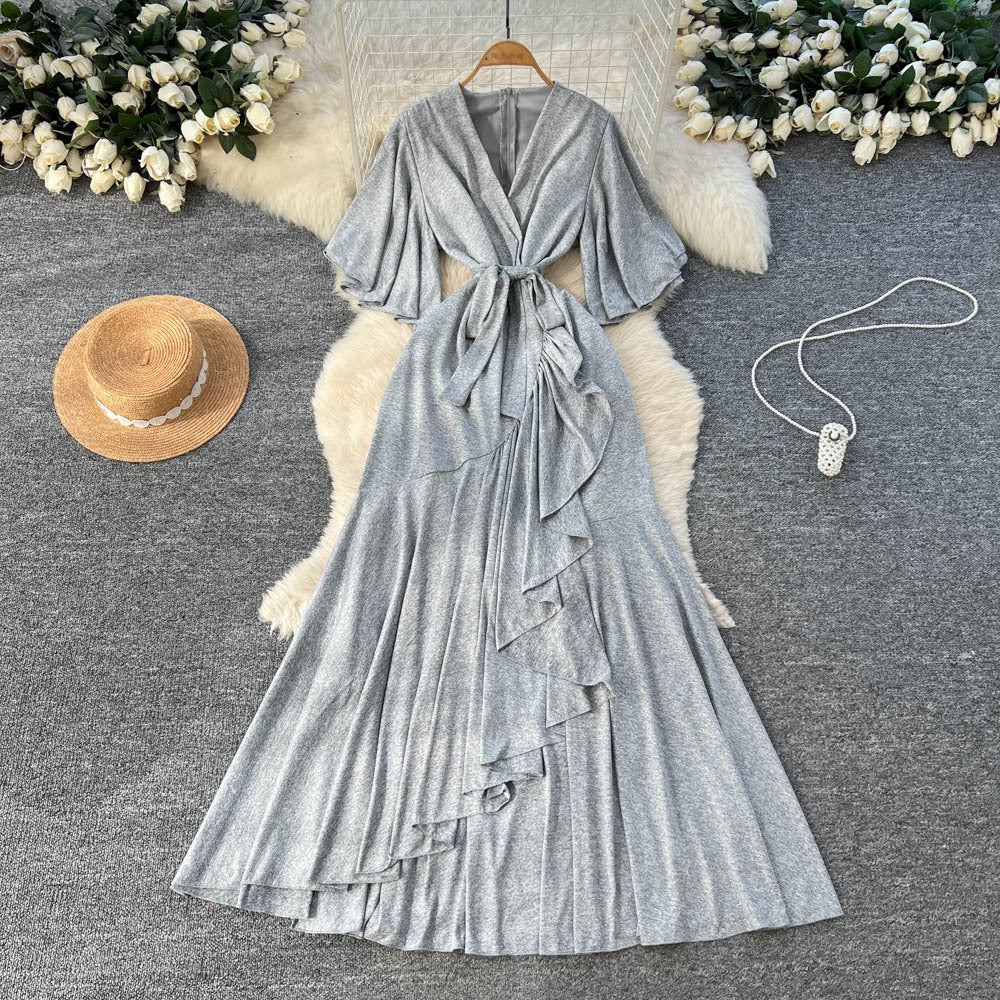 Elegant accessible luxuryclassydressniche stylefrenchfashionv neck bell sleeves tie waist asymmetrical long skirt