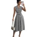 european and american cross-border hot-selling striped waist-defining maxi dress - elegant, slimming, sleeveless a-line dress with belt
