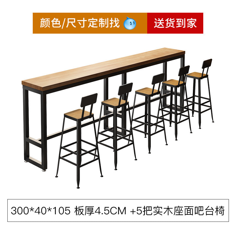Bar table and chair combination Industrial style wrought iron solid wood bar High foot milk tea shop Cake shop Narrow table against the wall