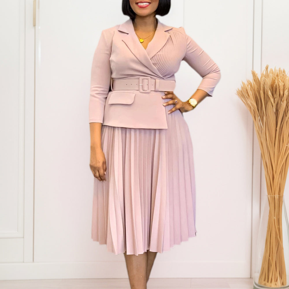 D592  independent station fashion cross-border women's clothing autumn and winter women's suit collar elegant pleated skirt african dress