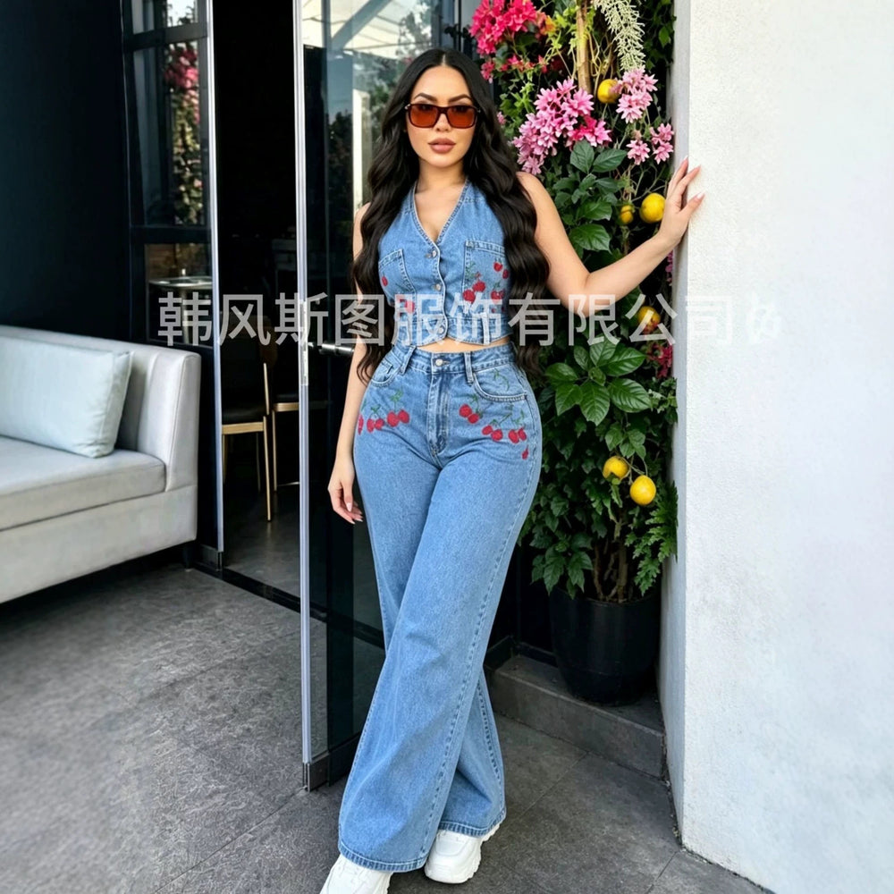 European and american cross-border e-commerce  summer new fashion casual sleeveless printed vest denim pants set wide-leg pants