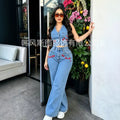 European and american cross-border e-commerce  summer new fashion casual sleeveless printed vest denim pants set wide-leg pants