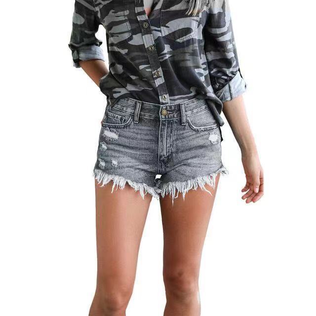 Factory direct cross-border trade  new ripped fringe stretch  denim shorts hot pants trendy women's