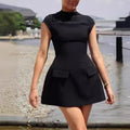 Amazon fashion cross-border women's summernew arrivalpure color round neck tight fake flap pocket pants design waist dress