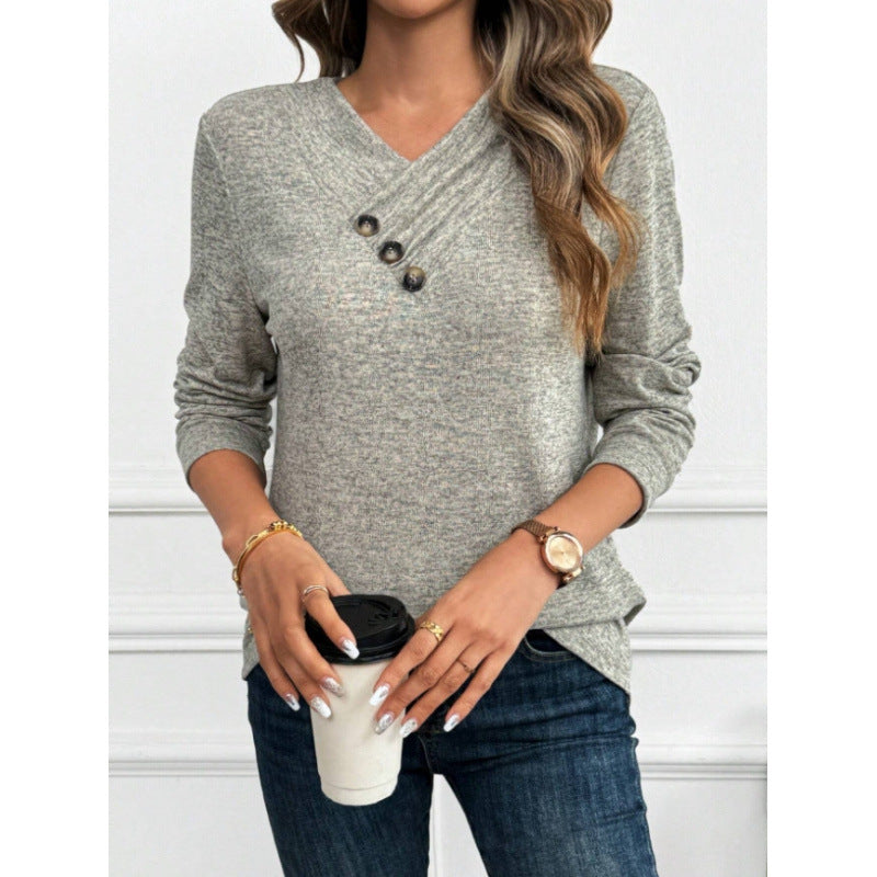 women's casual v-neck long sleeve knit top with decorative buttons - soft, comfortable cardigan shirt for everyday wear