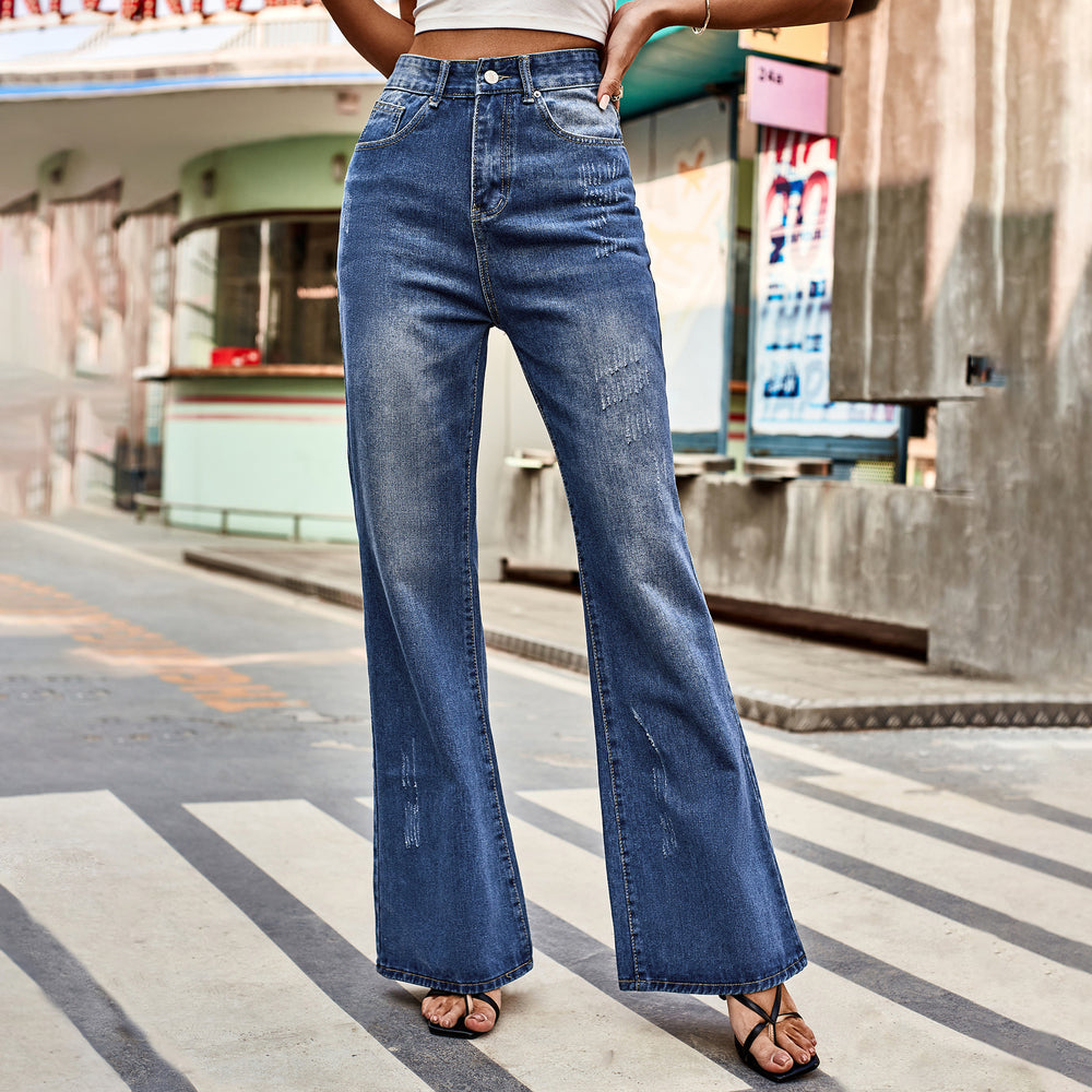 cross-border foreign trade independent station  new arrivaleasiest for match mid-waist washed micro-flared denim pants casual pants for women