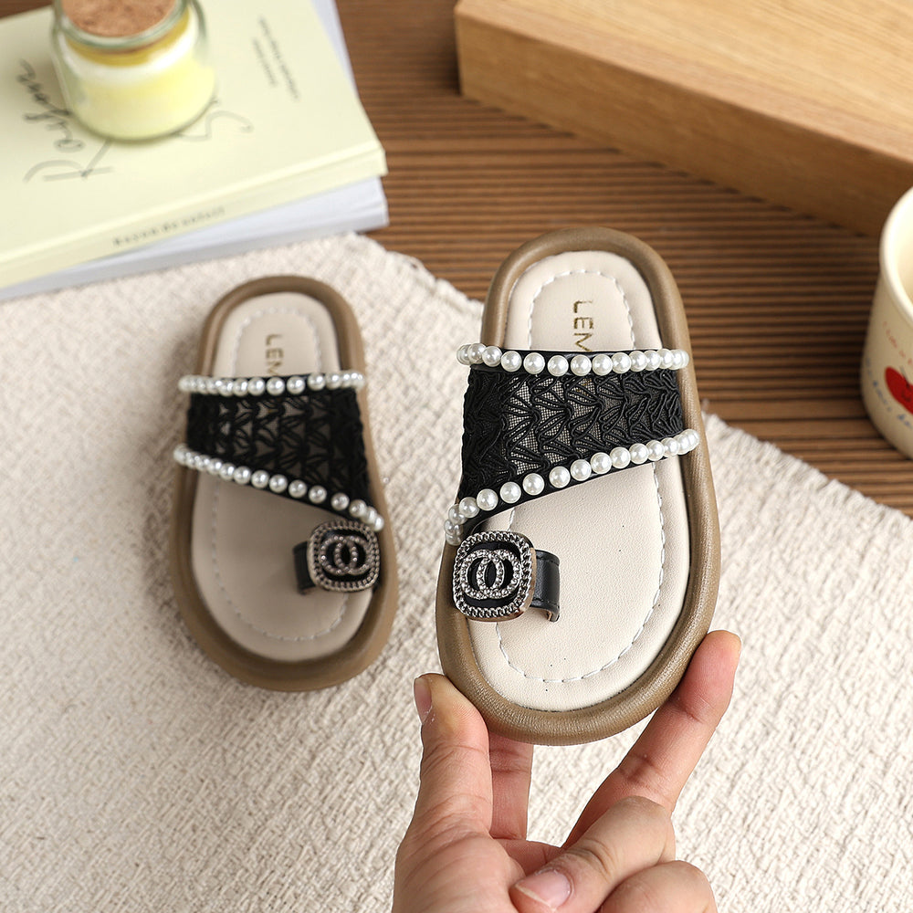 Vancahao girls' fashion beaded sandals & slippers - new summer collection for little girls, open-toe flip-flops for outdoor wear, kids' slippers