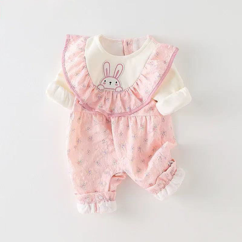 Baby rompers spring & autumn double layer outwear baby girl hundred days western style haki floral princess style outwear