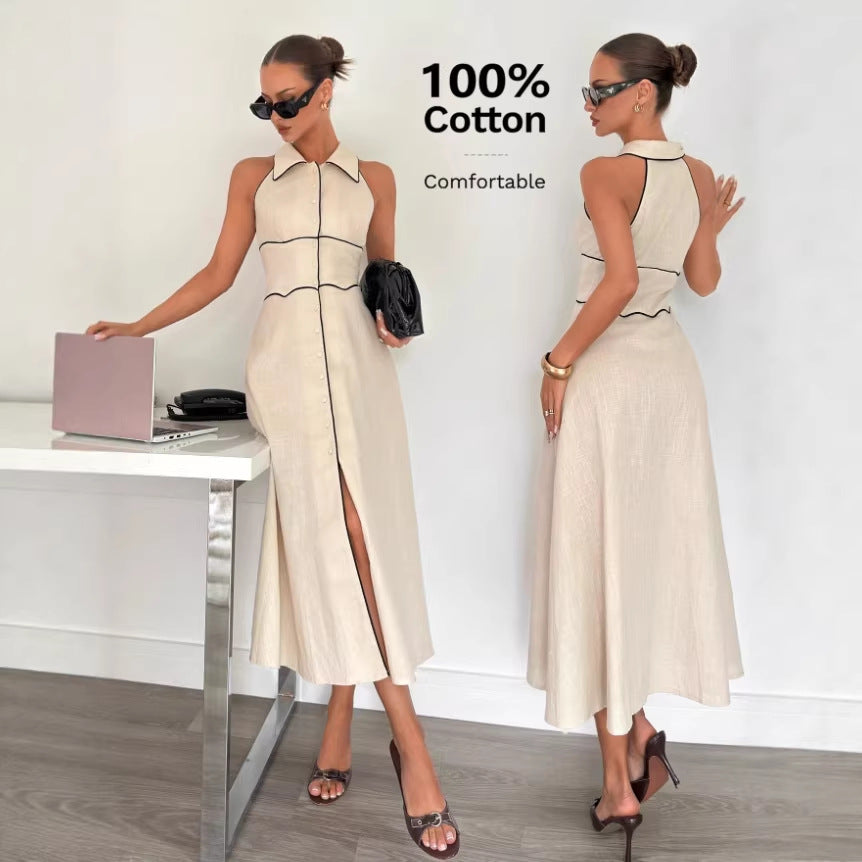 Wholesale cross-border e-commerce:  autumn new arrivals - women's sleeveless, single-breasted, notch lapel, high-waisted casual dress
