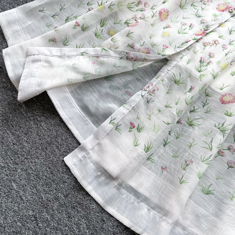 French chic floral dress with notched collar - summer korean style, tie-waist, short sleeve a-line dress - elegant and refined