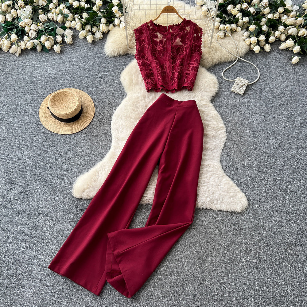 Light mature style classy sense lace vest high waistloose pantstwo-piece set women's summerwork clothingslimming looksuit