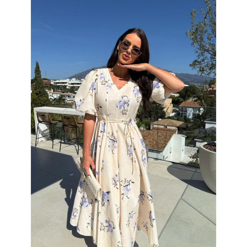 Ebay  fashionnew arrival short-sleeved printing strap large swing dress