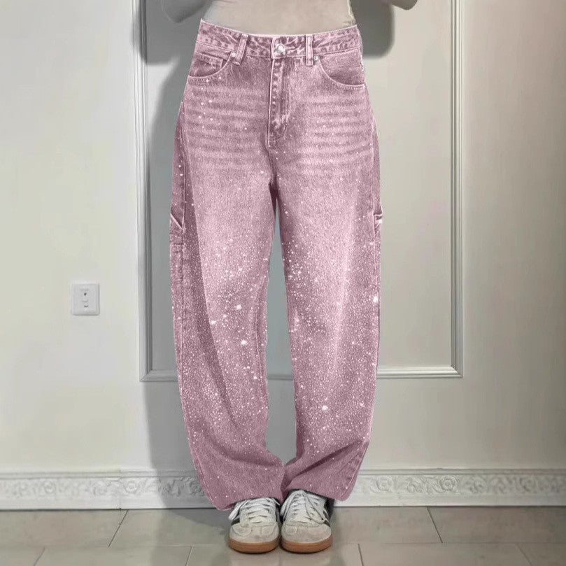 Y2k sweet & cool gradient pink denim jeans for women - starry hotfix rhinestone high-waisted wide-leg pants - sparkly casual trousers