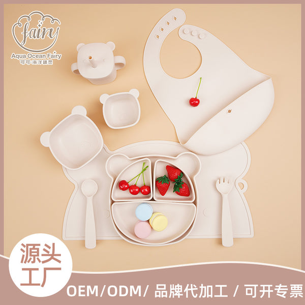 Customized silicone baby tableware set Children's complementary food bowl set Anti-drop grid tableware Silicone bib saliva pocket