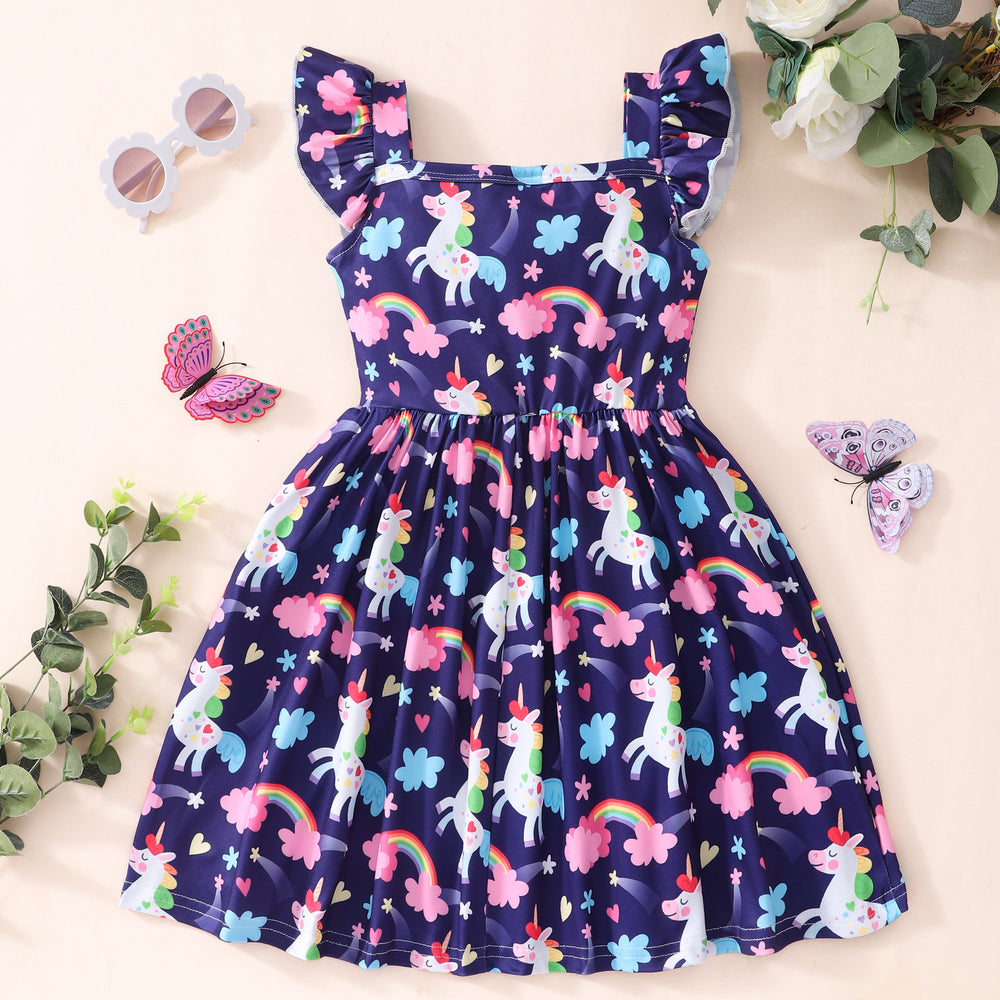 Kids' sleeveless square neck unicorn rainbow dress