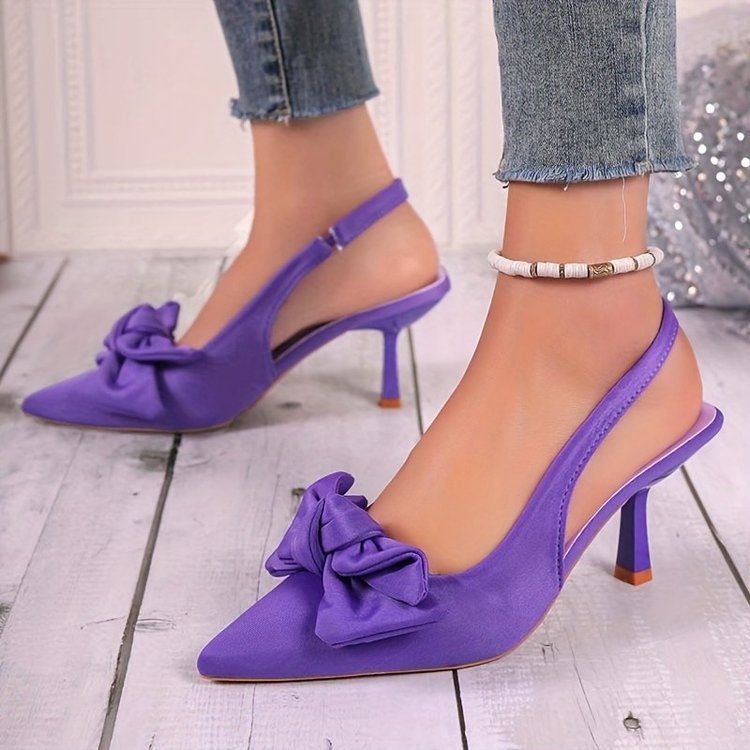 French retro satin bow pointed-toe high heels - ankle strap stiletto heels for work and banquets - cross-border exclusive