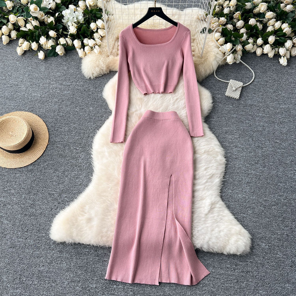 Autumn outfit set: women's chic & sexy short square neck long sleeve knit top with slit slim-fit bodycon midi skirt