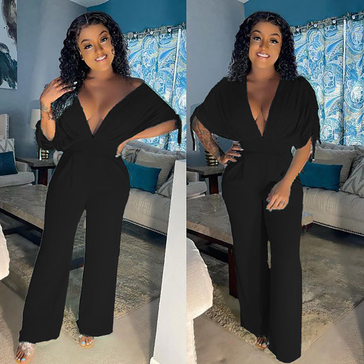 Spring/summer hot seller: european and american cross-border women's fashion -  style sexy solid color drawstring short sleeve loose wide leg jumpsuit
