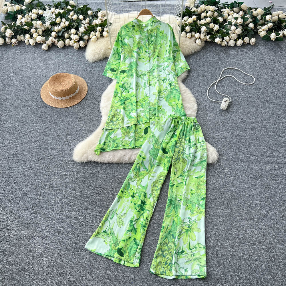 Fashionfashionablesuit women's summer young lady styleasymmetrical medium long printingshirthigh waistloose pantssuit