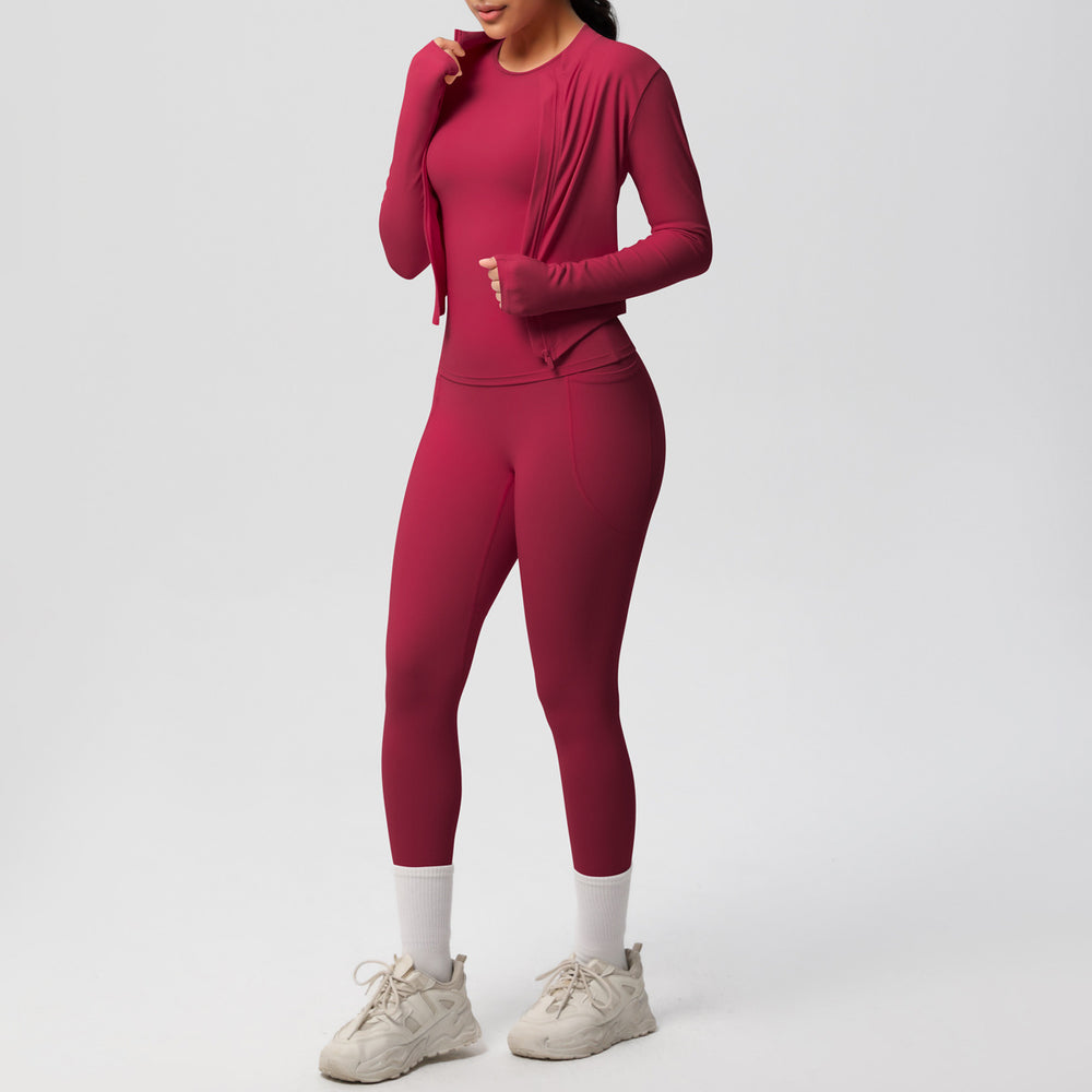 European and american new cloud-feel brushed short-sleeve activewear set: zip-up jacket, casual running top, and butt-lifting yoga leggings - women's 3-piece set