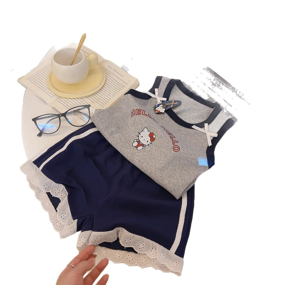 Girls' summer outfit: new 3d bowknot cartoon print tank top and lace shorts set - wholesale & dropshipping available