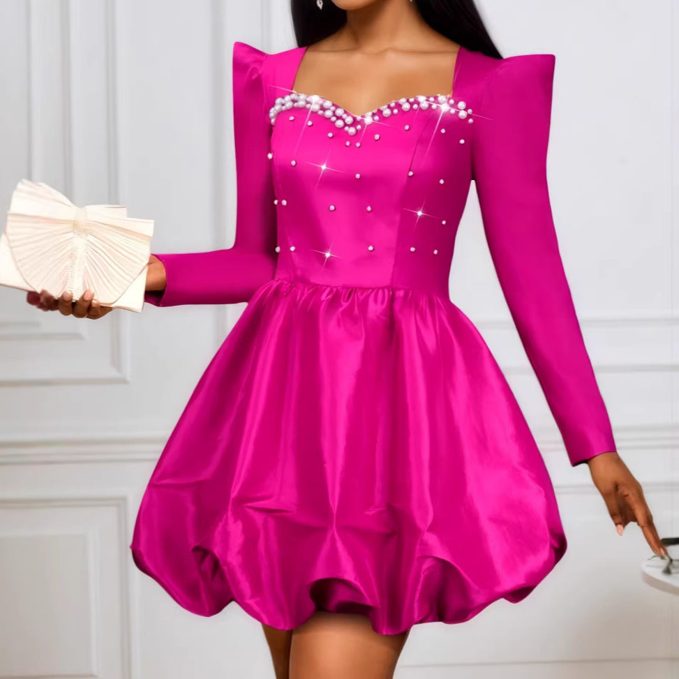 European and american fashion square neck beaded long sleeve party dress - lantern sleeve cinched waist puffy skirt evening gown dress