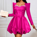 European and american fashion square neck beaded long sleeve party dress - lantern sleeve cinched waist puffy skirt evening gown dress