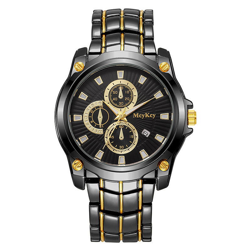 New arrival cross-border alloy couple steel band watch classic business three-eye large dial waterproof quartz watch manufacturer wholesale